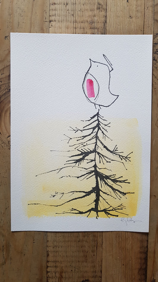 Original A4 Watercolour Robin on a tree