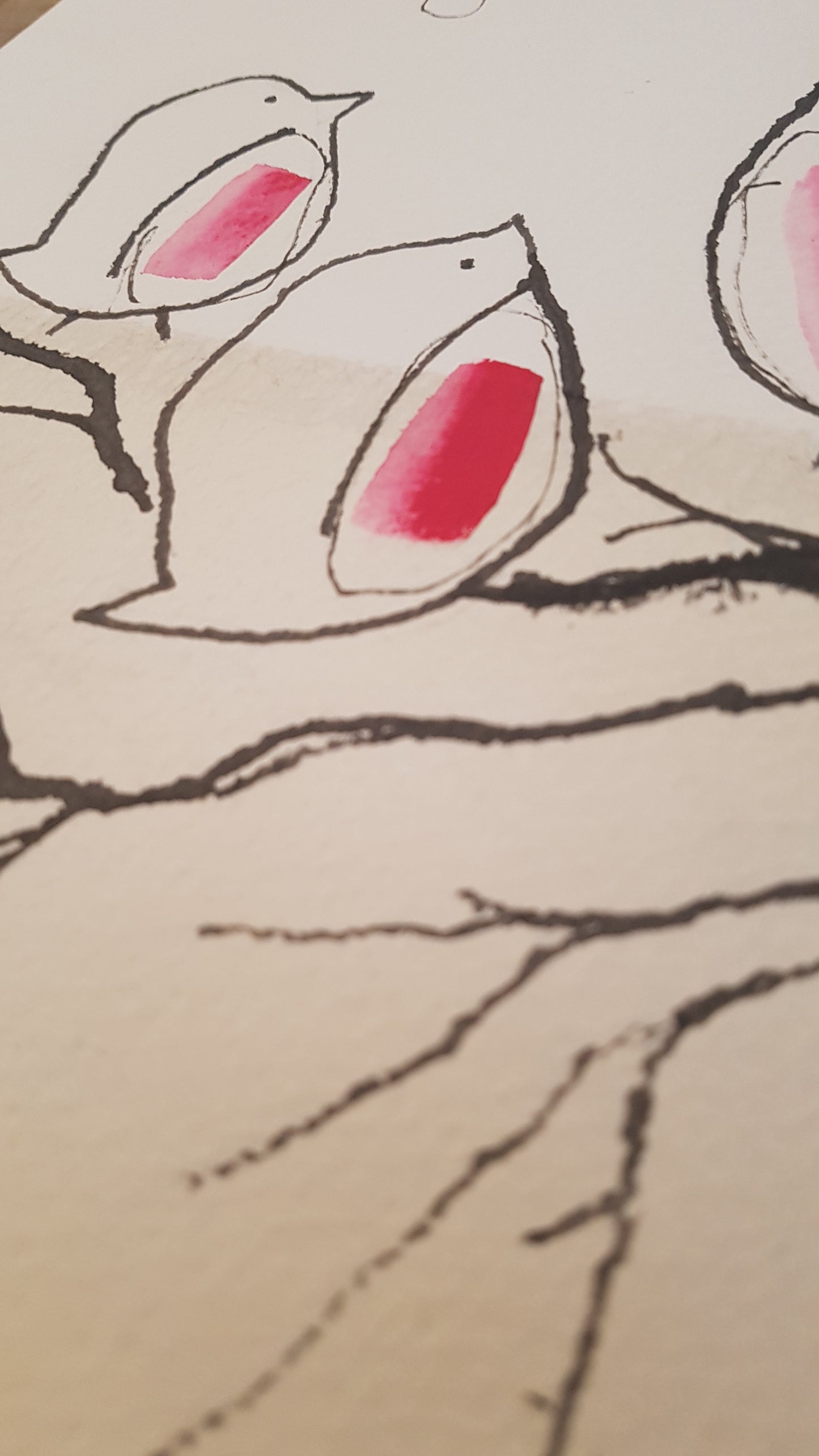 Original A4 Watercolour of 3 Robins in snow