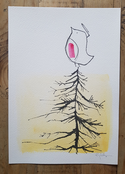 Original A4 Watercolour Robin on a tree