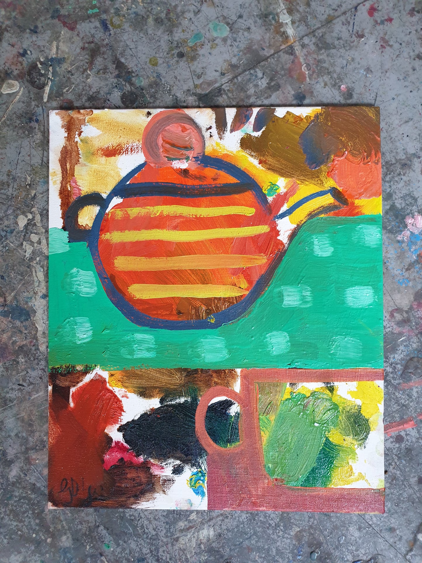 Striped teapot, hidden cup