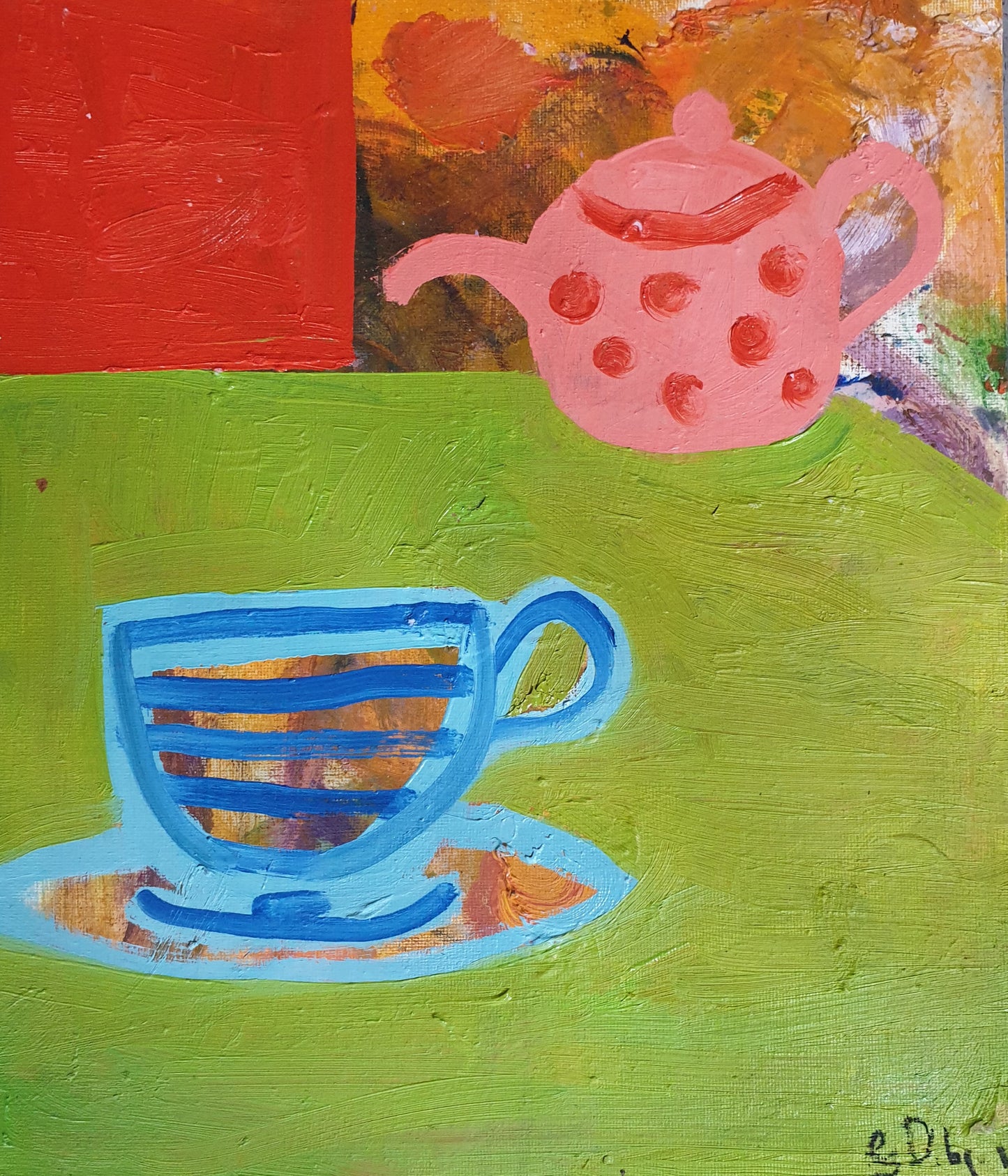 Pink teapot, blue cup